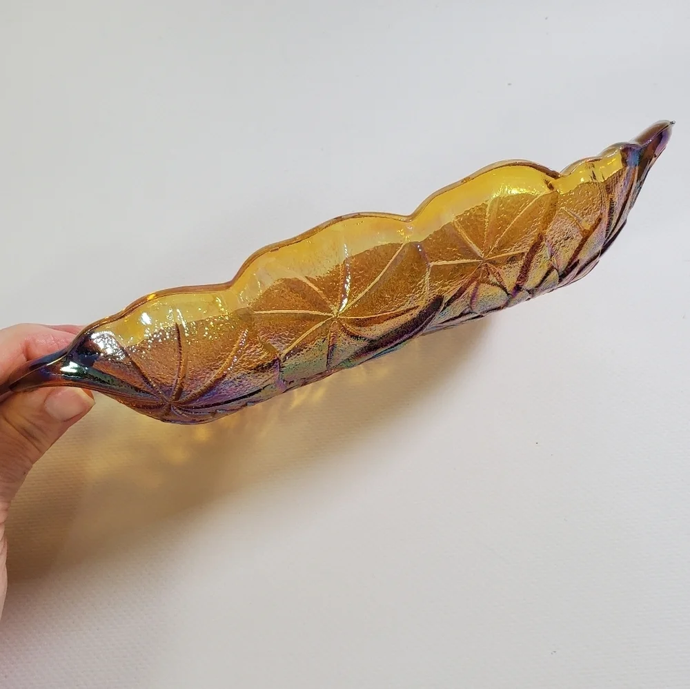 Indiana Glass Carnival Iridescent Amber Pickle Relish Dish Vintage